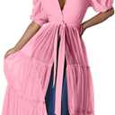 Ekaliy Women Sexy Short Sleeve Bodycon High Low Asymmetrical Ruffle Tunics Blouse Shirt Top Dress (Large, Pink)