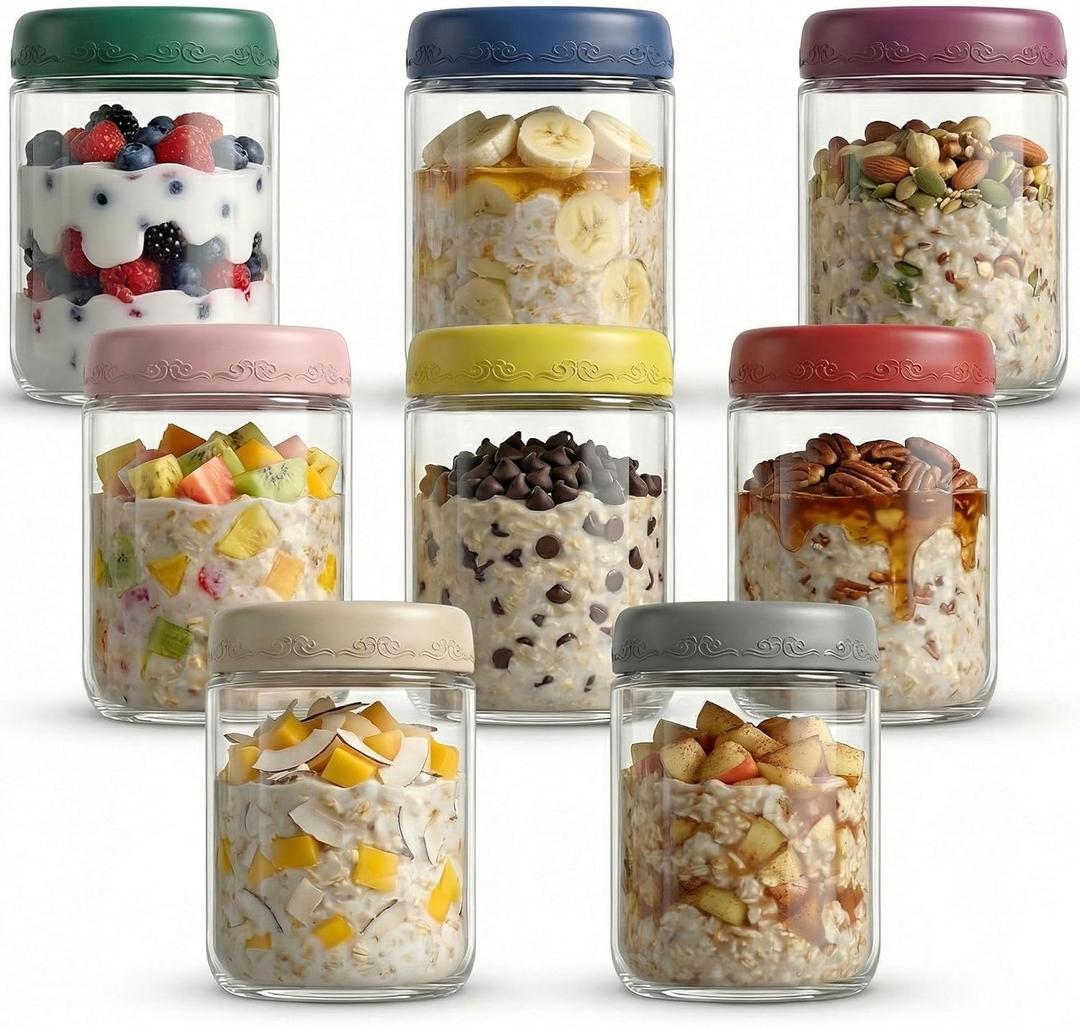 16 OZ Overnight Oats Jars with Lids 8 Pack, Glass Meal Prep Containers, Reusable Food Storage Jars, Airtight Mason Jars for Breakfast, Yogurt Parfait, Salad, Smoothies(8 Pack)