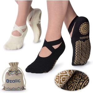 Ozaiic Yoga Socks for Women Non-Slip Grips & Straps, Ideal for Pilates, Pure Barre, Ballet, Dance, Barefoot Workout (One Size, Black/ Beige -2p1st Anniversary Edition)