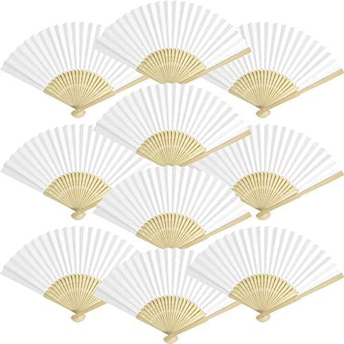 Grosun 50 Packs White Paper Fans Paper Hand Fan Bamboo Folding Fan Handheld Fan Paper Folded Fan Paper Fan for Wedding Party and Home Decoration