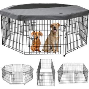 PETIME Foldable Metal Dog Exercise Pen/Pet Puppy Playpen Kennels Yard Fence Indoor/Outdoor 8 Panel 24" W x 24" H with Top Cover (with top Cover, 8 Panels 24" H)