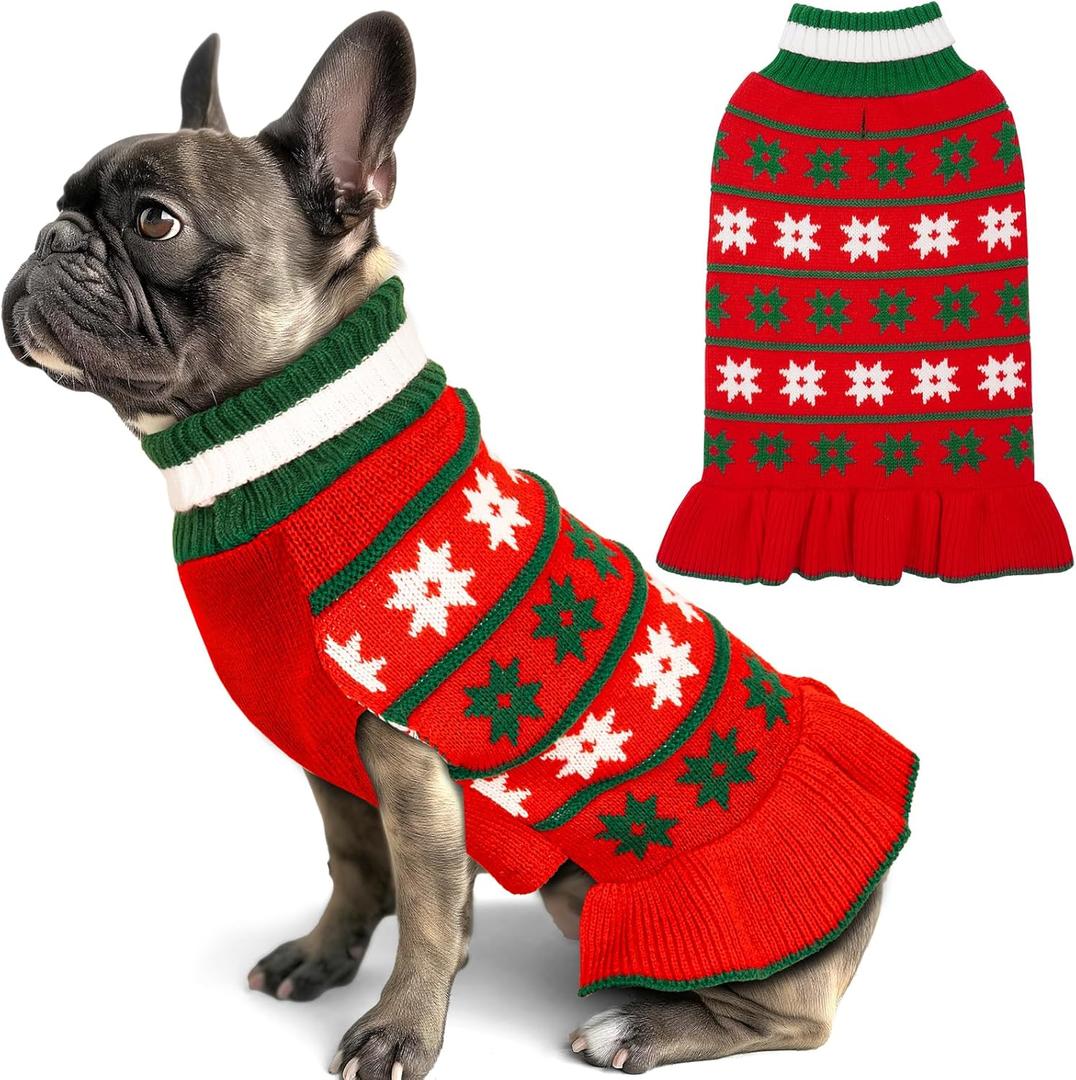 KYEESE Christmas Dog Sweater Fall Winter Clothes Warm Coat Dress With Leash Hole Pullover Knit Turtleneck for Girl With Snowflake for Small Dogs, Girl Red, X-Large
