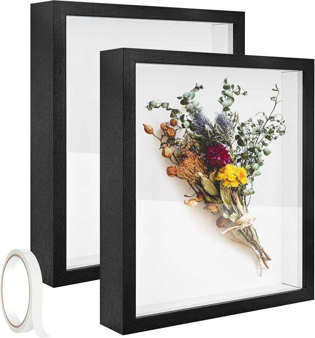 2 Pack 11 x 14in Shadow Box Frame Shadow Boxes Display Cases 3D Picture Frame Shadow Boxes Display Cases with Adhesive Tape for Baby Items Wedding Memories Awards Medals Tickets and Photos(Black)