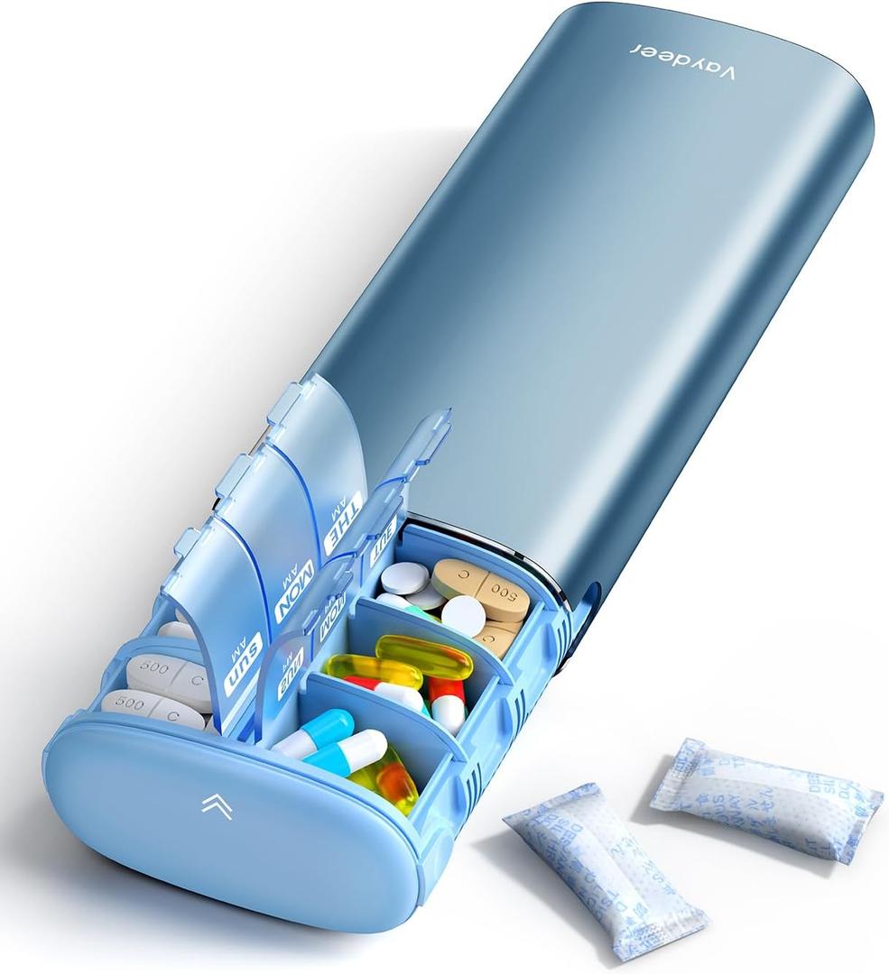Vaydeer Metal 7 Day Pill Organizer 2 Times a Day  AM PM Weekly Travel Pill Case with Moisture-Proof Desiccant, Airtight Large Capacity Pill Box for Vitamins, Medications & Supplements (Blue)