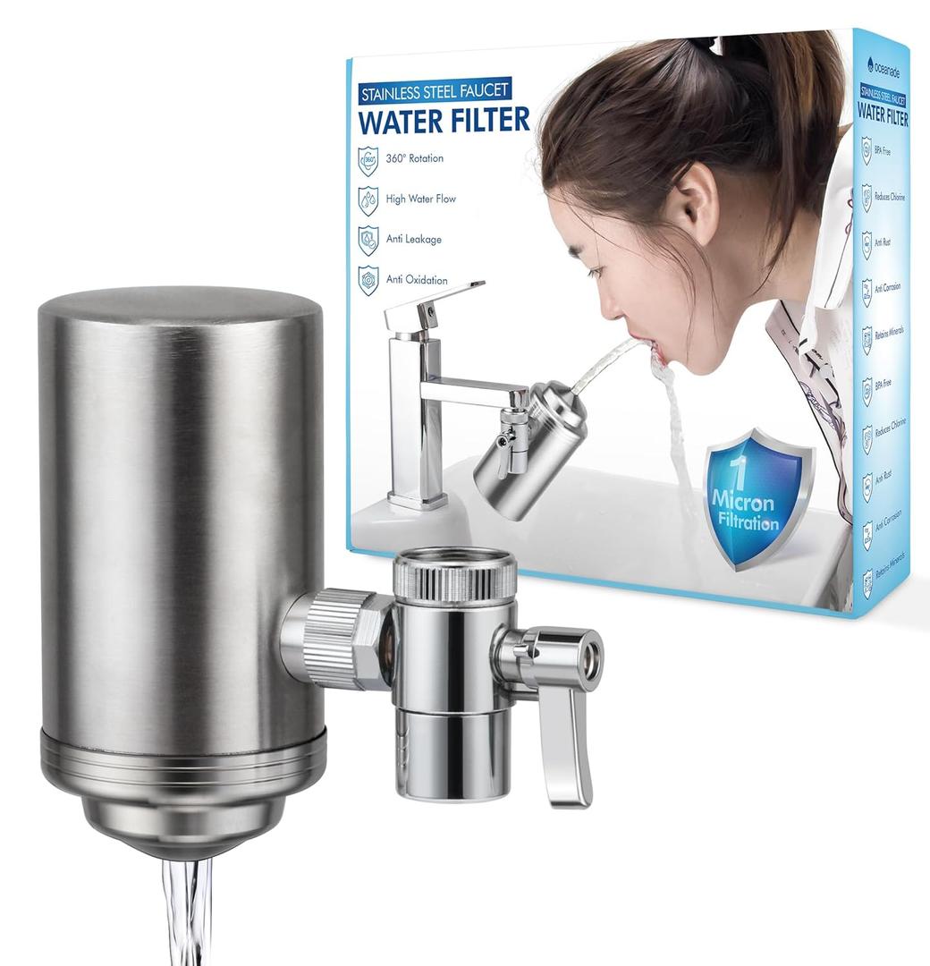 Stainless Steel Faucet Water Filter - Sink Tap Filter - 360 Rotating Faucet Filter Water Purifier - Sink Water Filter Faucet Filter for Kitchen or Bathroom - Filtration Removes Chlorine & Limescale