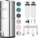 Purewell 3Stage Gravity Fed Water Filter System, 2.25 Gallon Stainless Steel Countertop System with 2 Washable Ceramic Filters and Stand, Reduce up to 99% Chlorine, PWOBT