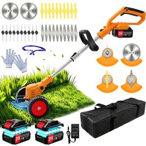 Electric Weed Wacker Cordless Eater, No String Trimmer Battery Powered 3-in-1 Lightweight Grass Trimmer/Brush Cutter/Edge, 4 Types Blade, Stringless Weed Trimmer with Wheels for Lawn Yard Garden