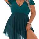 Blooming Jelly Women's Plus Size Bathing Suit One Piece Swim Dress Tummy Control Swimsuits Ruffle V Neck Swimwear (Large, Dark Cyan)