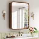 Keazile 20x28 Inch Wood Medicine Cabinet with Mirror, Surface or Recessed Mount Bathroom Mirror Cabinet, Adjustable Glass Shelves, Soft-Close Door, Rounded Corner, Fully Assembled, Walnut