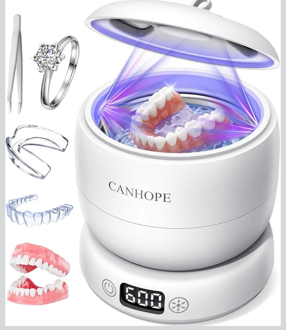 Ultrasonic Retainer Cleaner Machine, Ultrasonic Jewelry Cleaner, Denture Cleaner for Invisalign, Mouth Guards, Night Guards, Aligners, Toothbrush – Detachable Base & Lid, Digital Timer, White