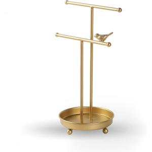 SOFFEE DESIGN Tabletop Jewelry Tower Display Rack Organizer Stand Double T-Bars, Golden Jewelry Holder with Round Tray for Hanging Necklace Ring Bracelet Earring Storage Free Standing Bird Decor