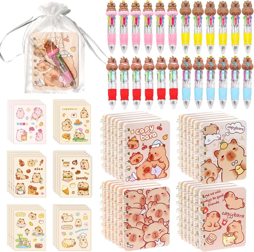 96 Pcs Capybara Gifts Bulk,4-in-1 Ballpoint Pens,Stickers,Notepads,Organza Bulk Gifts Set for Teachers School Office Party Favor Supplies