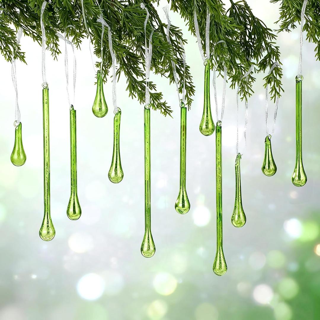 12 Pcs Mercury Glass Teardrop Christmas Ornaments Icicle Raindrop Christmas Tree Hanging Decoration Vintage Chandelier Crystal Pendant for Xmas Tree Winter Holiday Party Supplies (Green)