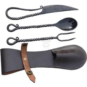 Hand-Forged 8.26" Medieval Cutlery Set - Viking Traders Authentic Carbon Steel Cutlery Set with Leather Pouch  Renaissance Faire Utensils, Camping Flatware, LARP, Historical Reenactment, Cosplay Prop