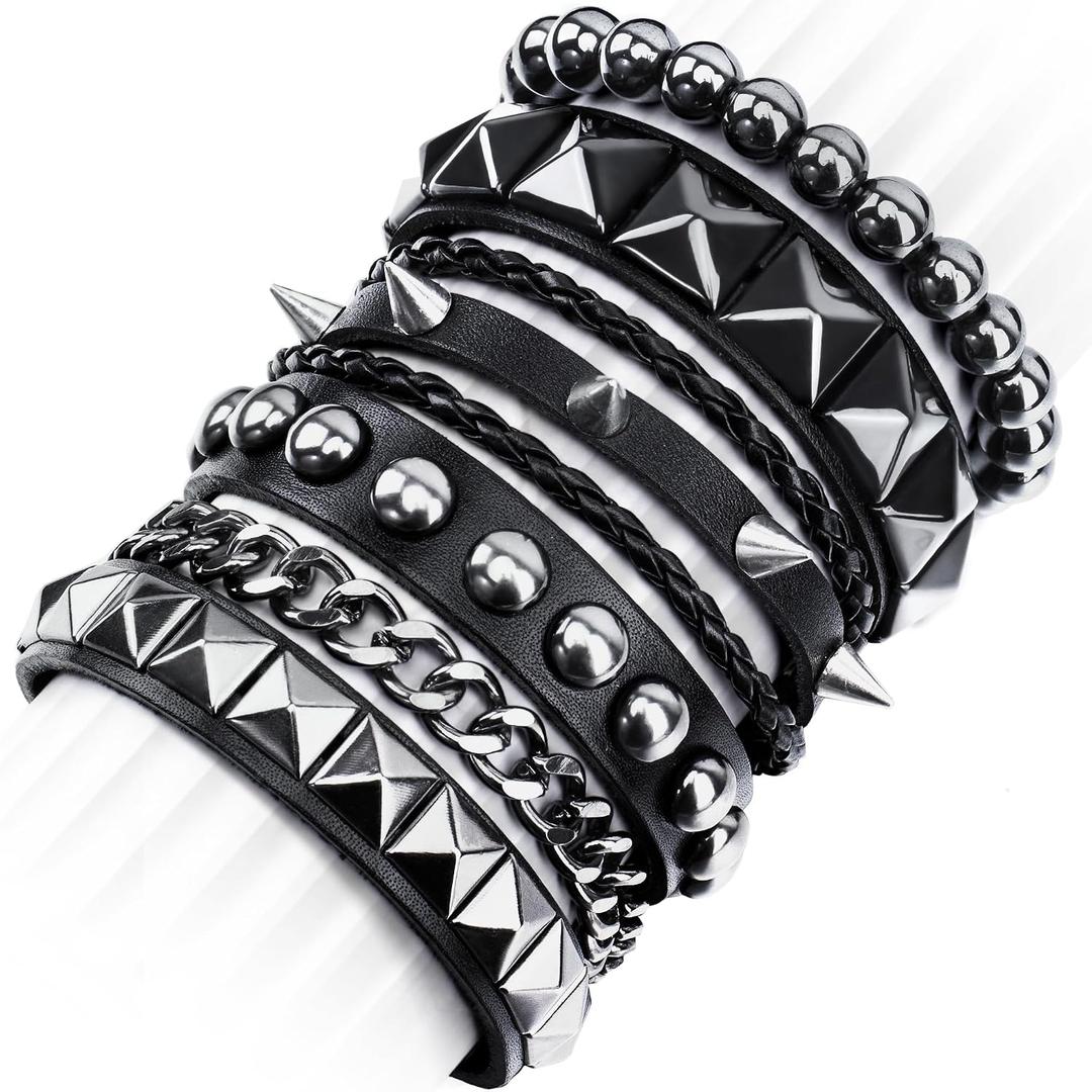 Studded Punk Bracelet Set for Women Men Spike Cuff Black 4 Pcs, One Size