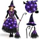 Spooktacular Creations Halloween Witch Costume Kids, Light Up Witch Dress with Hat and Broom for Girls, Toddlers Bat Outfit Set for Halloween Costumes Role Play Parties, Purple (3T(3-4 yrs))