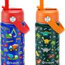 Fimibuke Kids Insulated Water Bottle, 14oz BPA FREE Double Wall Vacuum Tumbler 18/8 Stainless Steel Leak Proof Kids Cups with Straw Metal Bottles for School Boys Girls (2 Pack, Trucks/Green Dinosaur)