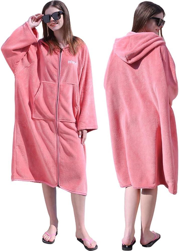 Hiturbo Surf Poncho Zipper Towel Hoodie: Oversized Hooded Wetsuit Changing Robe with Pocket - Plush Coral Fleece Swimwear for Home Beach Pool Bath - Pink