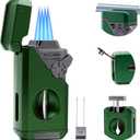 5 in 1 Butane Torch Lighter, 4 Jet Flame, Butane Lighter Refill Built-in V Cutter, Punch, Holder, Nubber, Windproof Jet Lighter for Candles, Cool Lighters Gift for Men (Without Gas) (Green)