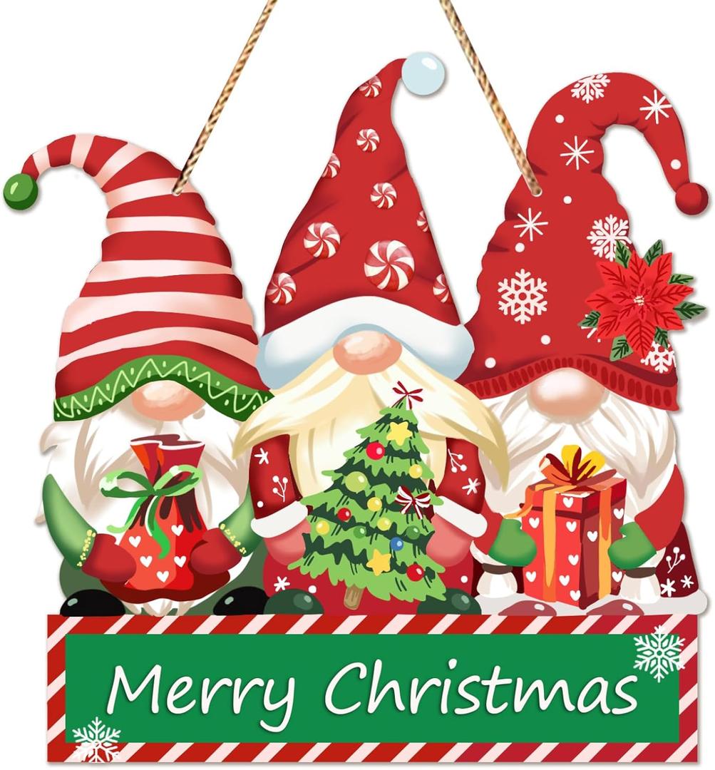 JUESMOS Christmas Door Sign Decorations Gnomes Hanging Sign Christmas Welcome Signs for Home Decor Door Hanger Rustic Farmhouse Front Door Sign for Wreath Outdoor Porch Xmas Decor