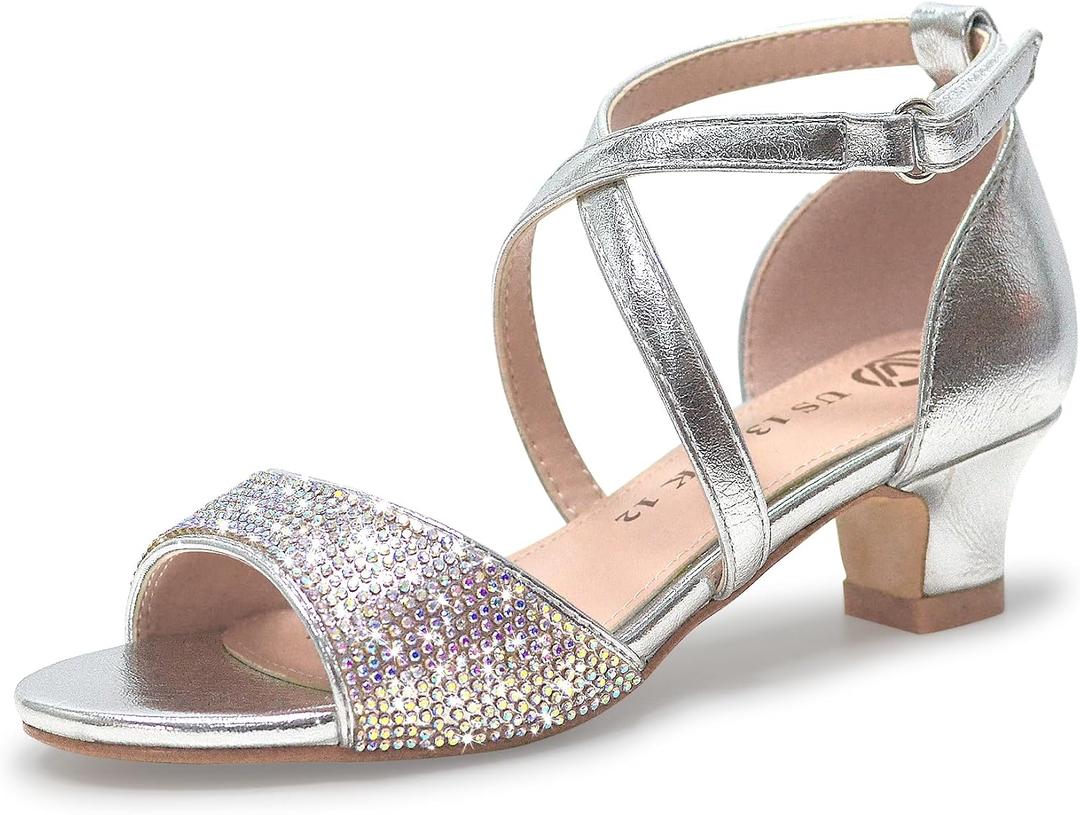 Vonair Girls Sandals Open Toe Heels Dress Shoes for Girls Wedding Party Shoes (Silver, 4)