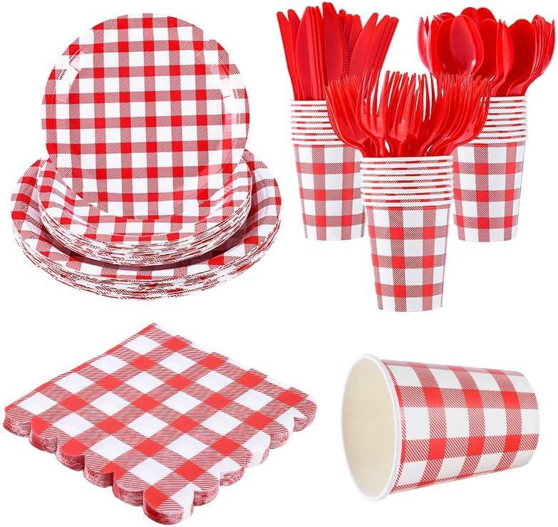 168Pcs Gingham Party Supplies for 24 Guests Thick Napkins and Paper Plates Knives Spoons Forks Cups Disposable Tableware Set Cutlery for Dinner Baby Shower Wedding Favor(Red)