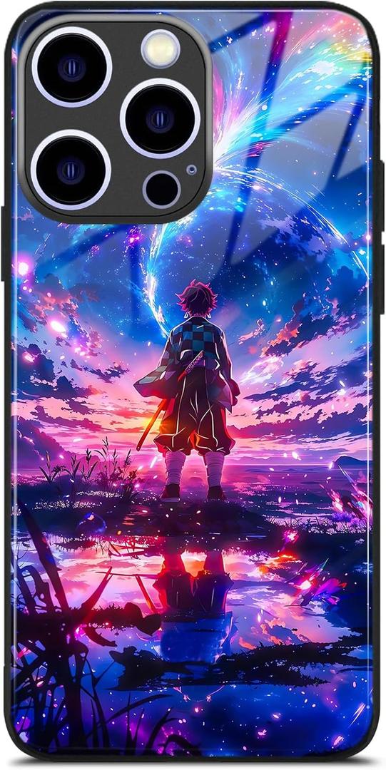 Japanese Anime Manga Case for iPhone 14, Aesthetic Art 9H Glossy Tempered Glass Back Shockproof Protective Cover (Tanjiro)