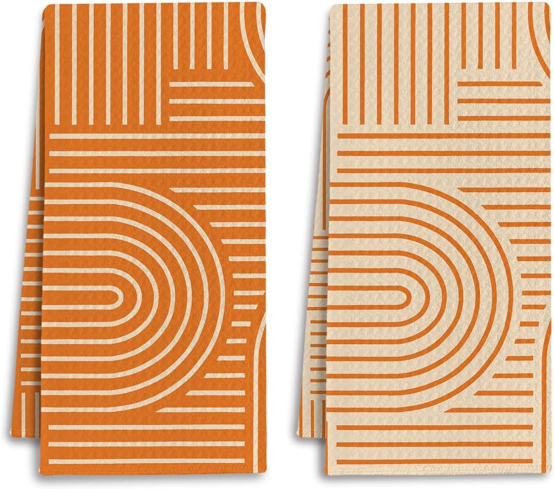 Abstract Boho Orange Kitchen Towels, Minimalist Contemporary Dish Tea Towels for Kitchen Decor, Mid Century Modern Orange Decorative Hand Towel for Bathroom, 16x24 Inches Set of 2