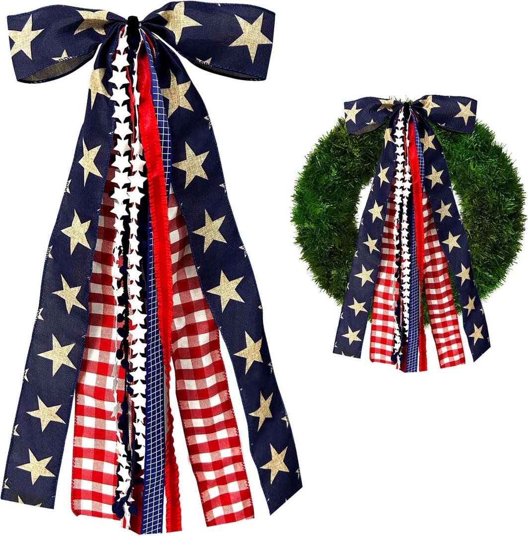 2 x Large Patriotic Ribbon Bow, 4th of July Red White and Blue Bows Clip-On Star Sash Patriotic Wreaths for Front Door Indoor Outdoor Memorial Day Decoration