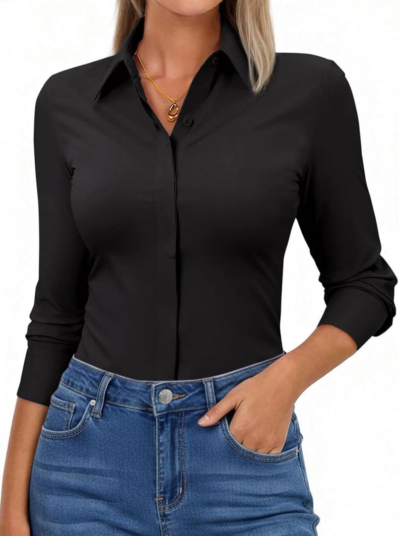 Aoudery Button Down Shirts for Women Slim Fit Long Sleeve Stretch Dress Shirts Work Shirt Wrinkle Free Office Blouse Top (Black, XL)