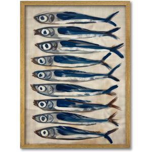 Coastal Sardine Wall Art Framed Nautical Fish Poster Rustic Beach House Wall Decor Kitchen Dining Room Sea Life Painting Vintage Ocean Animal Picture Print (Wood Frame) 16x24Inchs