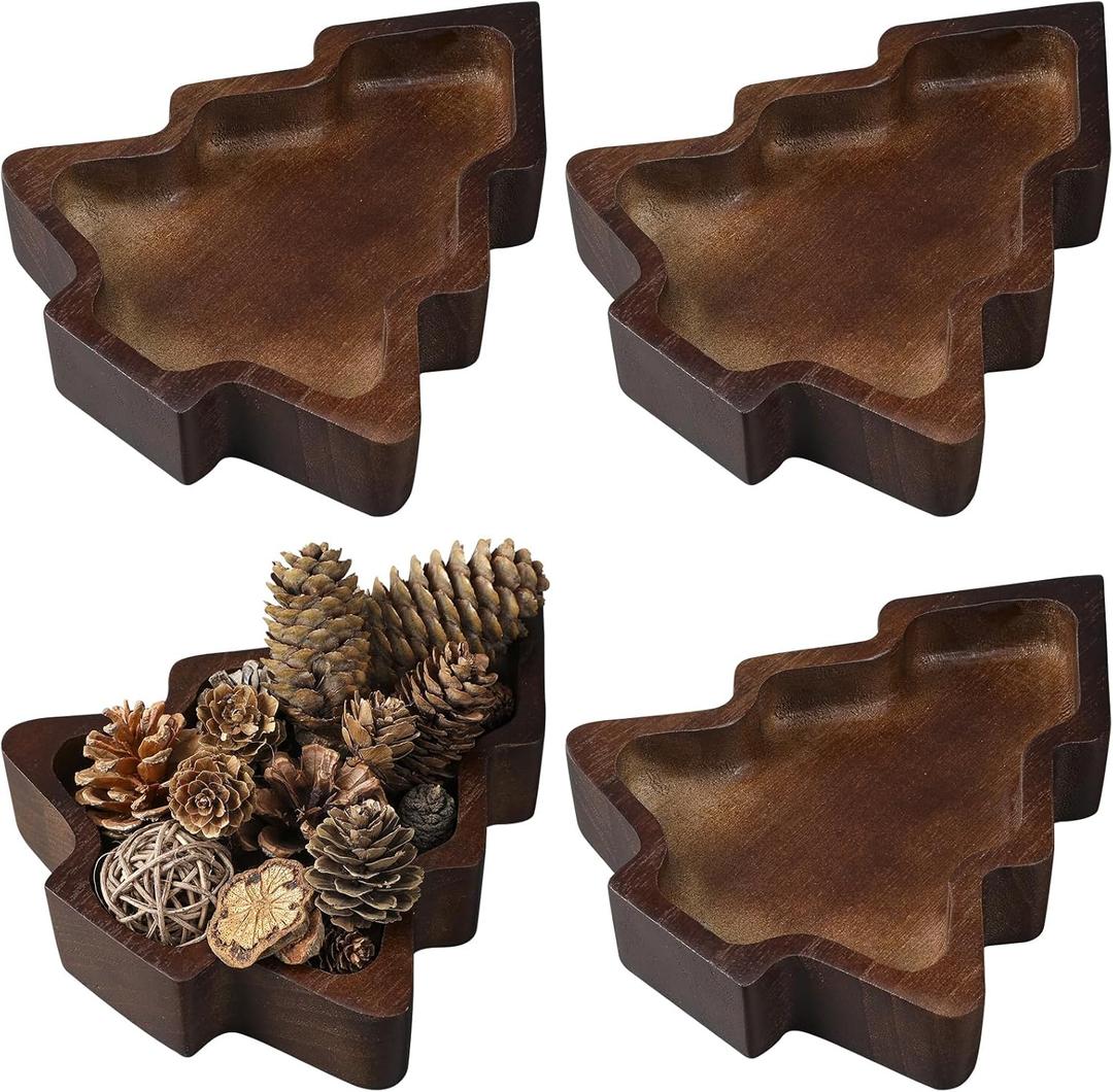 4 Pcs Christmas Wooden Bowl Christmas Tree Tray Dough Charcuterie Board Rustic Xmas Sushi Plate Hand Carved Wood Bowl Paulownia Bowls for DIY Decoration Dining Home