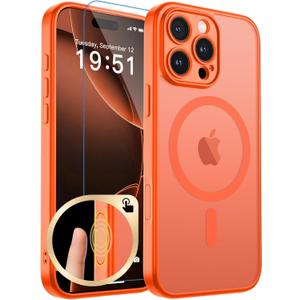 Magnetic for iPhone 16 Pro Max Case, Upgraded [Camera Control Button] [Full Camera Protection] [with 1 Screen Protector] Translucent Matte Shockproof Protective Phone Cover, Bright Orange