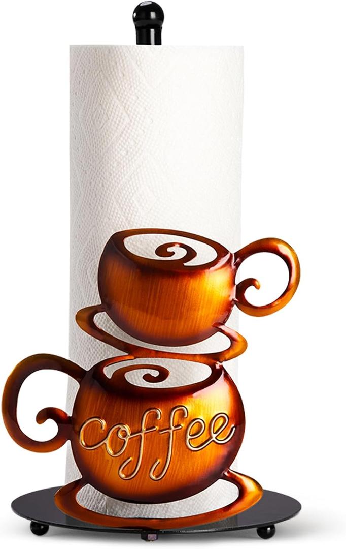 Standing Paper Towel Roll Holder Countertop for Coffee Lovers Women Men, Farmhouse Kitchen Decor and Accessories, Coffee Table Decor for Kitchen Home, 3D Hand-Painting Pattern, Metal