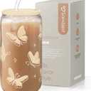 SANDJEST Butterfly Glass Can, Iced Coffee Aesthetic,Cup, Gifts for Christmas Birthday, Gift for Women Girls, 16oz