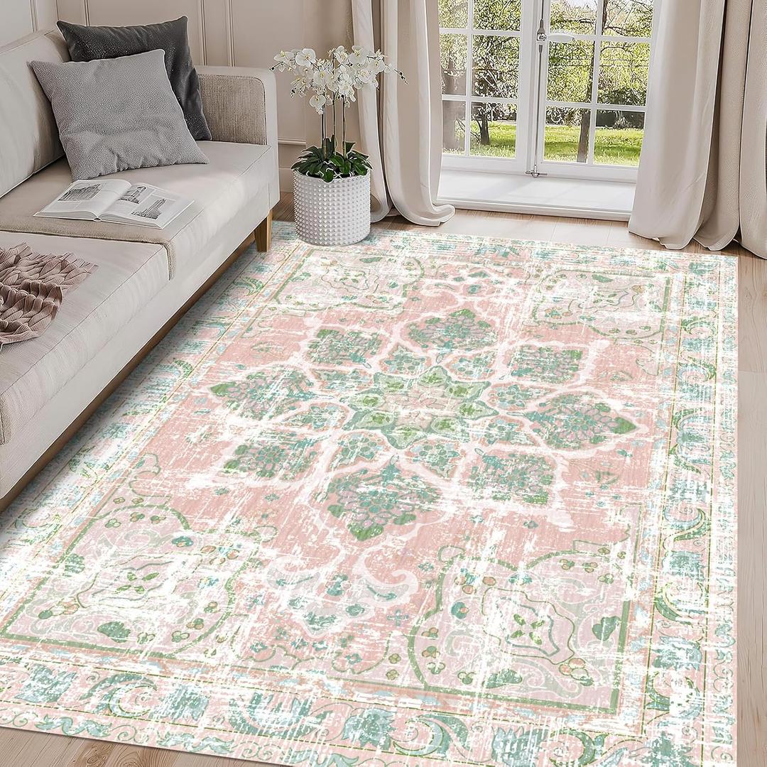 Vhong Boho Area Rugs Vintage Washable Neutral Modern Dusty Pink and Green 5x7 Non Slip Carpet for Nursery Living Room Dining Room Bedroom Farmhouse Girls'Room (5'x7)