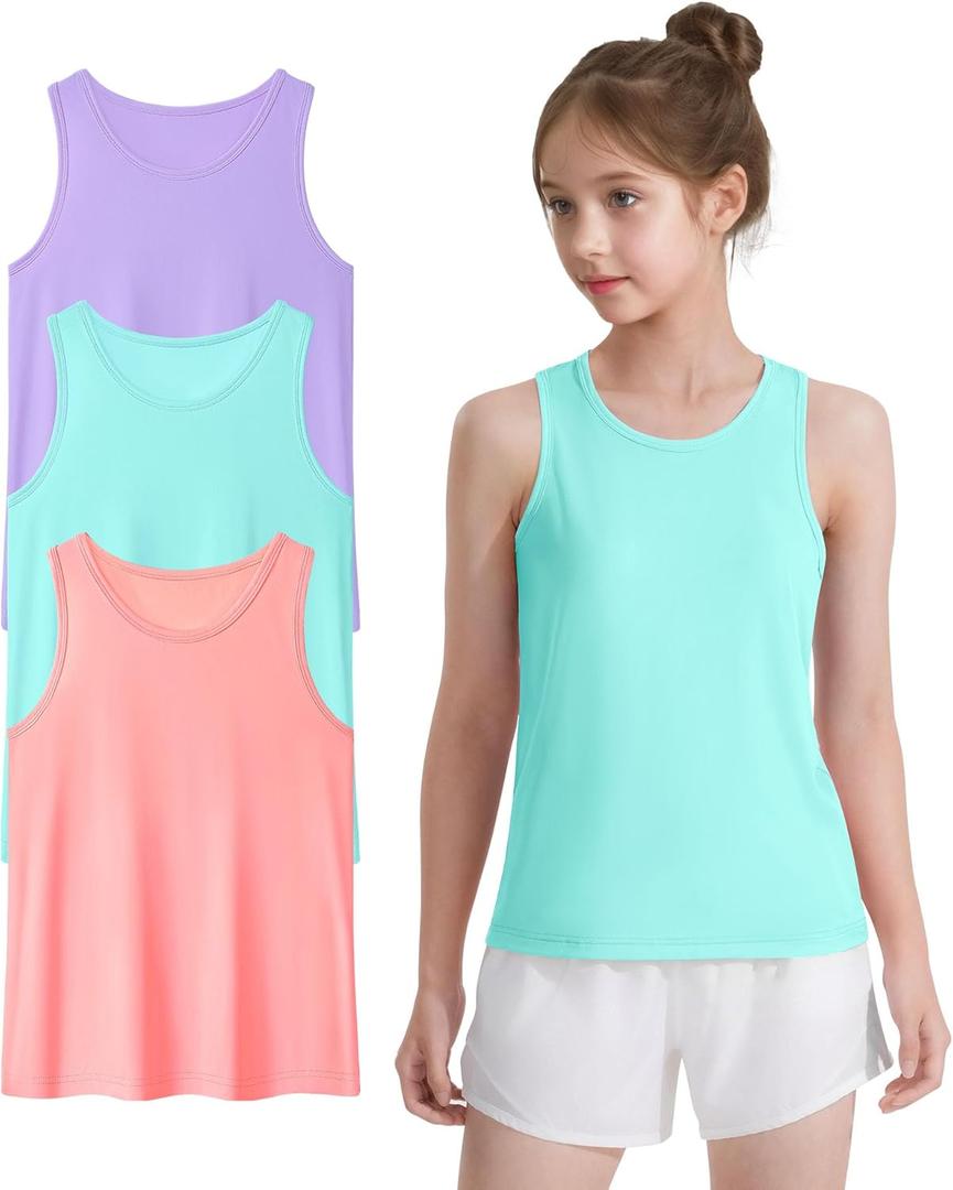 Auranso Girls Athletic Tank Tops 3 Pack UPF 50+ Racerback Sleeveless Quick Dry Sports Dance Workout Tops (7-8 Years, Purple-light Blue-pink)