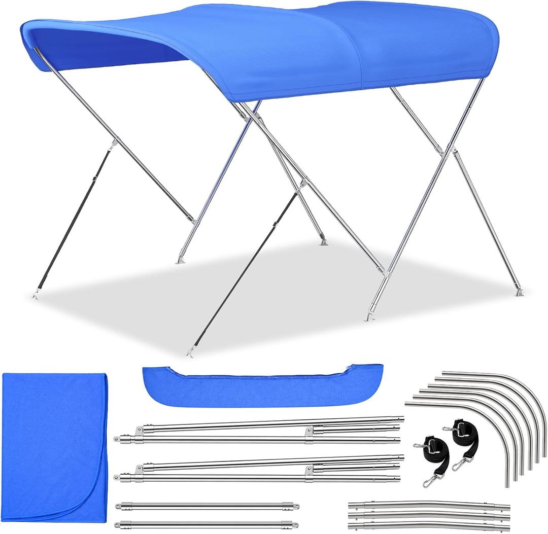 3 Bow Bimini Tops for Boats with Heavy Duty 304 Stainless Steel Frame & Hardware, 600D Oxford Boat Canopy Includes 2 Straps & 2 Rear Support Poles, Storage Boot, Durability & Stability