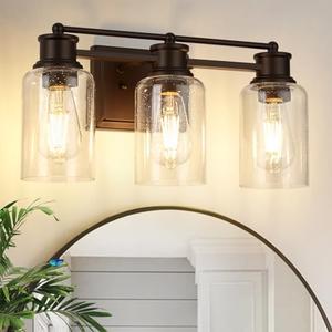 Haolaike 3-Lights Bathroom Vanity Light, Oil Rubbed Bronze Light Fixtures Over Mirror with Seeded Glass Shades for Living Room Bedroom Hallway