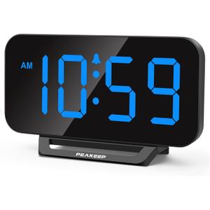 Peakeep Small Digital Alarm Clock for Bedrooms, Loud for Heavy Sleepers Adults, Dimmable Plug in Electric Large Numbers Clock Battery Backup, Slim Clock for Table Office Modern Living Room (BB) (Black With Blue)