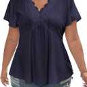 Eytino Plus Size Tops for Women Lace V Neck Short Sleeve Eyelet Embroidery Summer Blouse Loose Peplum Shirts,2X Navy Blue