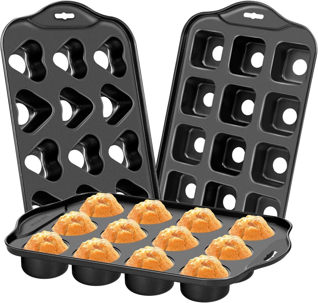 Dualshine 3Pack Mini Cheesecake Pans Removable Bottom, Mini Cupcake Pans 12 Hole Mini Muffin Pan Nonstick Carbon Steel Round, Square, Heart-Shaped Mini Muffin Tin for Pancakes, Mini Cheesecakes