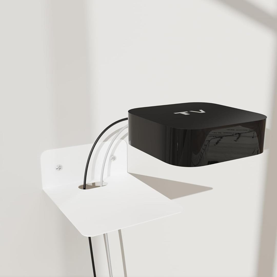 PzewMo Floating Metal Wall Mount Shelf,Shelf for Projector,TV Cable Box,Router,Speaker,Sound Bar,Camera,Gaming,Decor Display (White, 5.5" x 4.7")