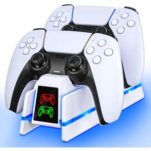 PS5 Controller Charger Station for PlayStation 5 Dualsense/Dualsense Edge,Charging Station with 10 LED Light, PS5 Controller Accessories Charging Dock, White