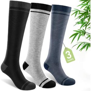 SONORAN Bamboo Viscose Compression Socks for Women & Men (3 Pairs) 15-20 mmHg Knee High Support for Nurses, Travel, Pregnant L/ XL (Black&Gray&Blue）