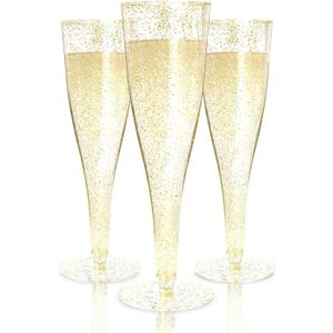 Prestee 200 Disposable Champagne Flutes Gold Glitter Glasses - 4.5 Oz Plastic Champagne Cups for Parties, Wedding Toasts, Mimosa Bar, and New Year’s Eve - Elegant Bulk Gold Plastic Wine Flutes