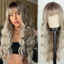 LINGHANG Dirty Blonde Wigs with Bangs Long Wavy Wigs for Women Long Blonde Wigs with Dark Root Wig Heat Resistant Synthetic Wig for Party Daily Use