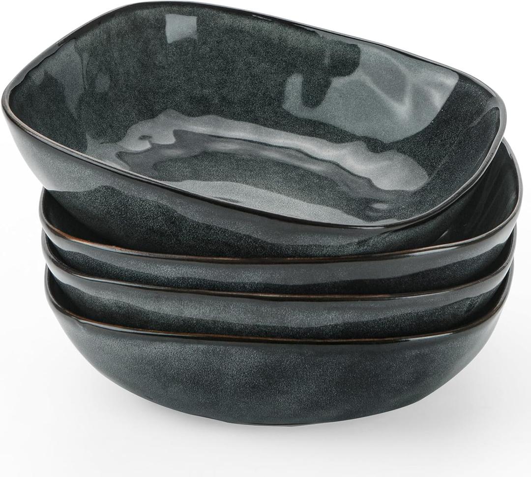 famiware Large Pasta Bowls Set of 4, Ocean Square 8" Bowls, Pasta Serving Bowl Large Dinner Bowls, Kitchen Bowl Set, Microwave and Dishwasher Safe, Scratch Resistant, Deep Forest