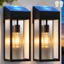 2PK Large Solar Sconce Lights Outdoor Included E26 Bulbs, 15 Solar Porch Lights IP65 Waterproof Modern Black Dusk to Dawn Wall Lights Outdoor Solar Wall Lantern for Garage Courtyard Patio, 3000K