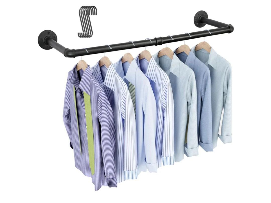 OROPY Industrial Pipe Clothing Rack 38.4", Heavy Duty Detachable Wall Mounted Clothes Rack Black Iron Garment Bar, Multi-purpose Hanging Rod for Closet Storage, Black (Two Base)